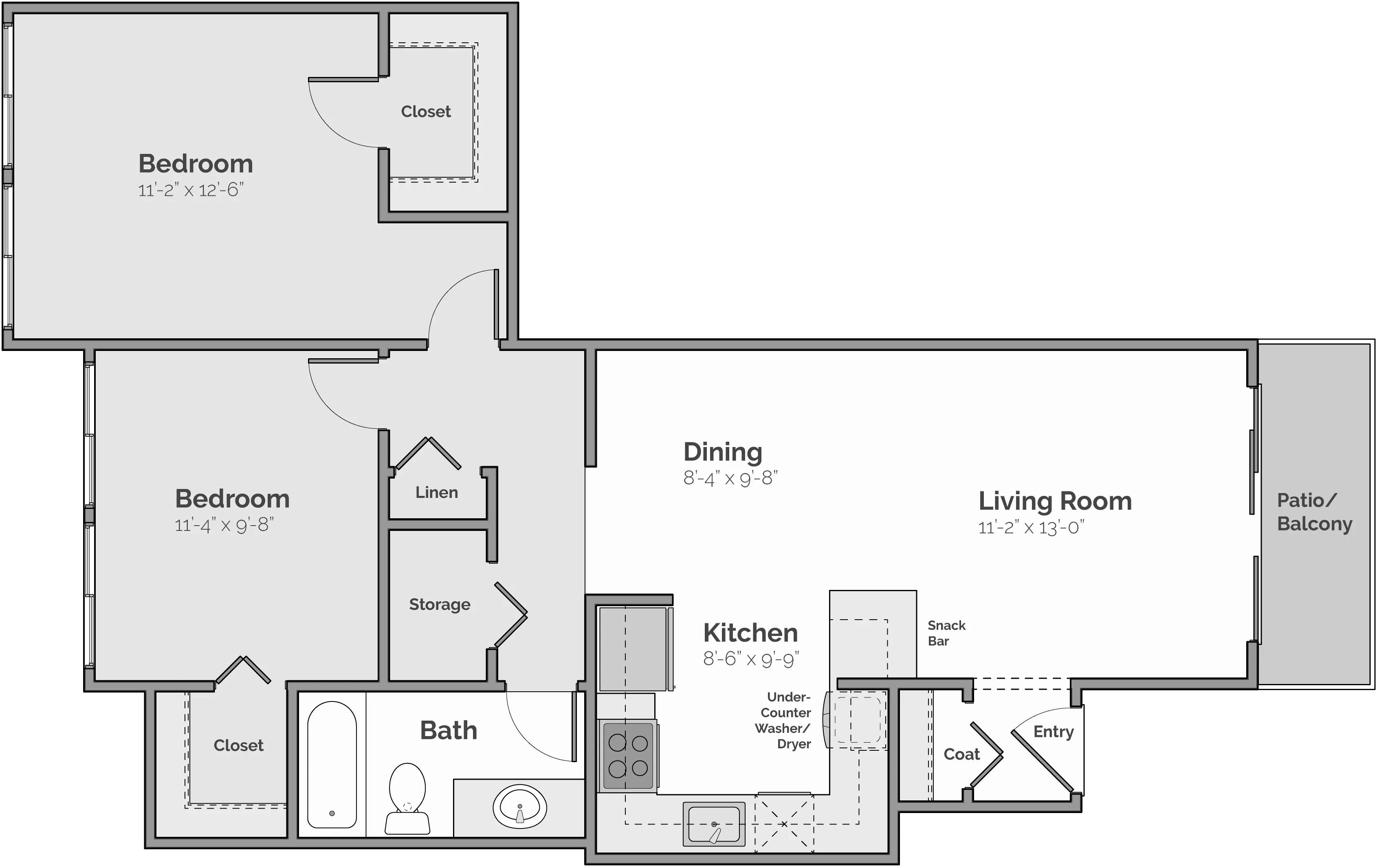 Modern apartment floor plan showcasing 2 bedrooms, open kitchen with snack bar, spacious living room, and inviting patio balcony.