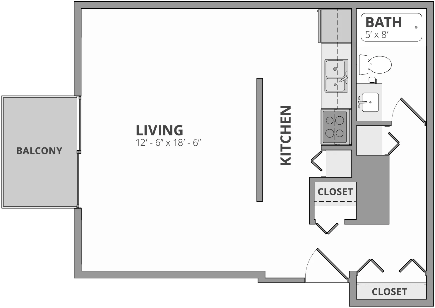 Modern floor plan featuring a spacious living area with balcony, open kitchen, bathroom, and ample closet space.