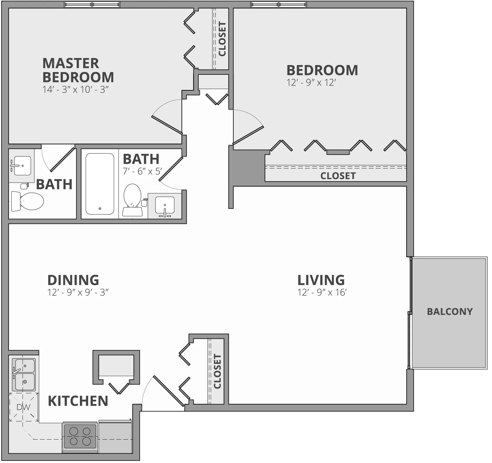Modern floor plan showcasing a spacious 2-bedroom layout with a master suite, open dining and living area, and a charming balcony.