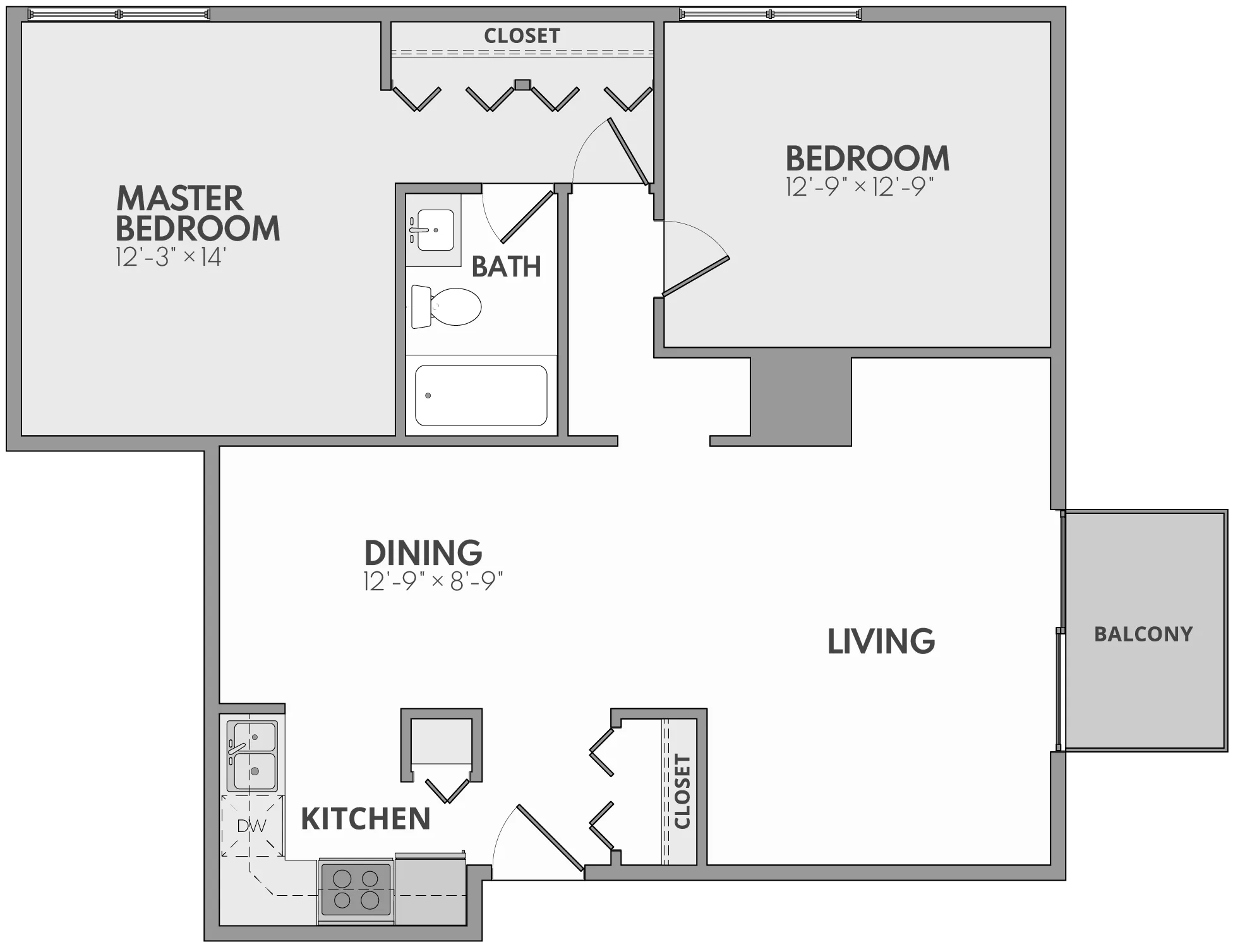 Modern floor plan showcasing a spacious master bedroom, additional bedroom, open living and dining area, sleek kitchen, and inviting balcony.