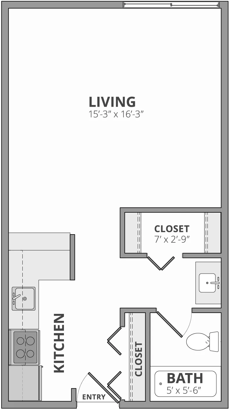 Modern studio apartment floor plan featuring an expansive living area, sleek kitchen with entry access, and a well-organized bathroom with closets.