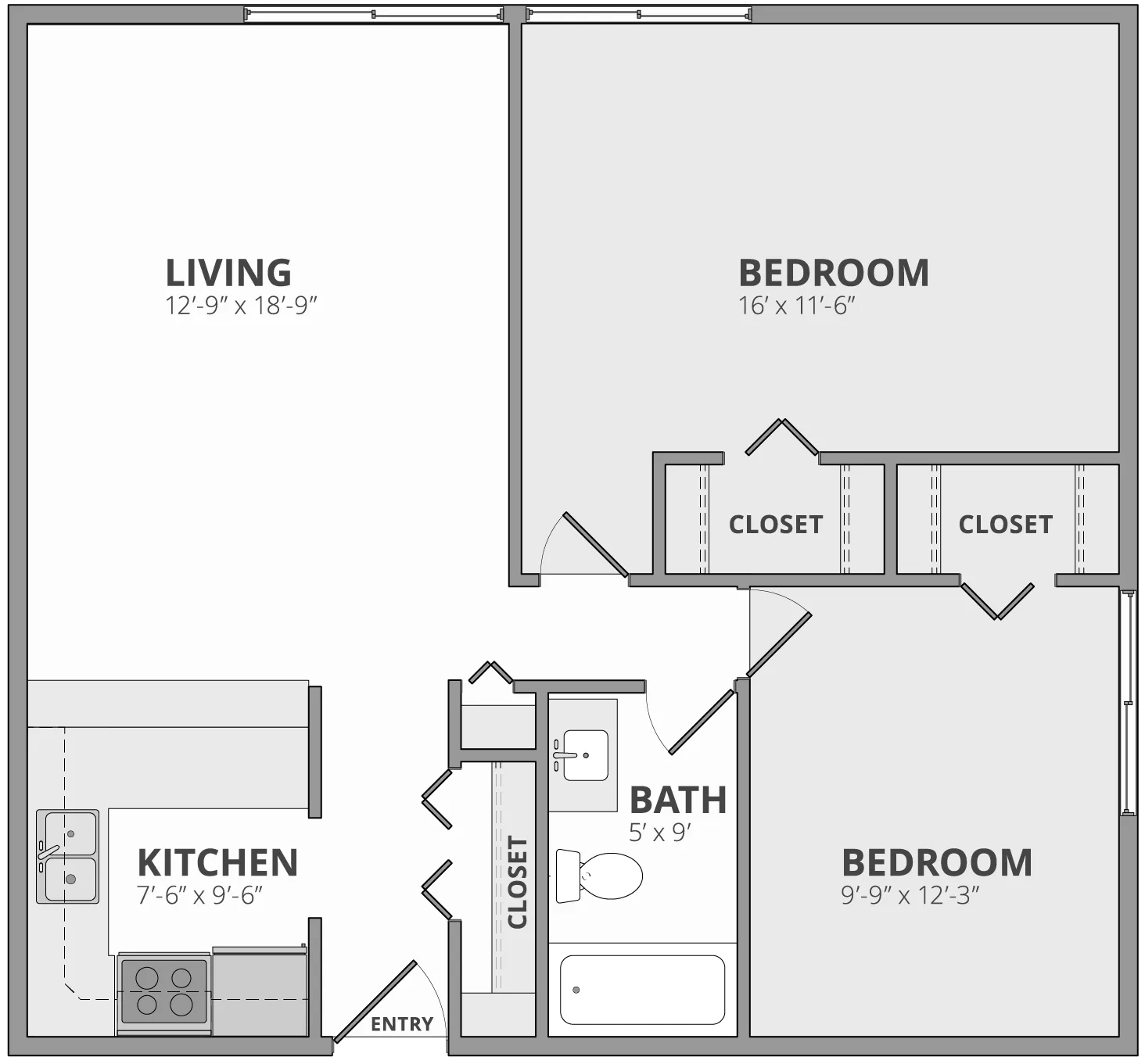 Modern 2D floor plan with 2 bedrooms, spacious living area, convenient kitchen, and ample closet space.