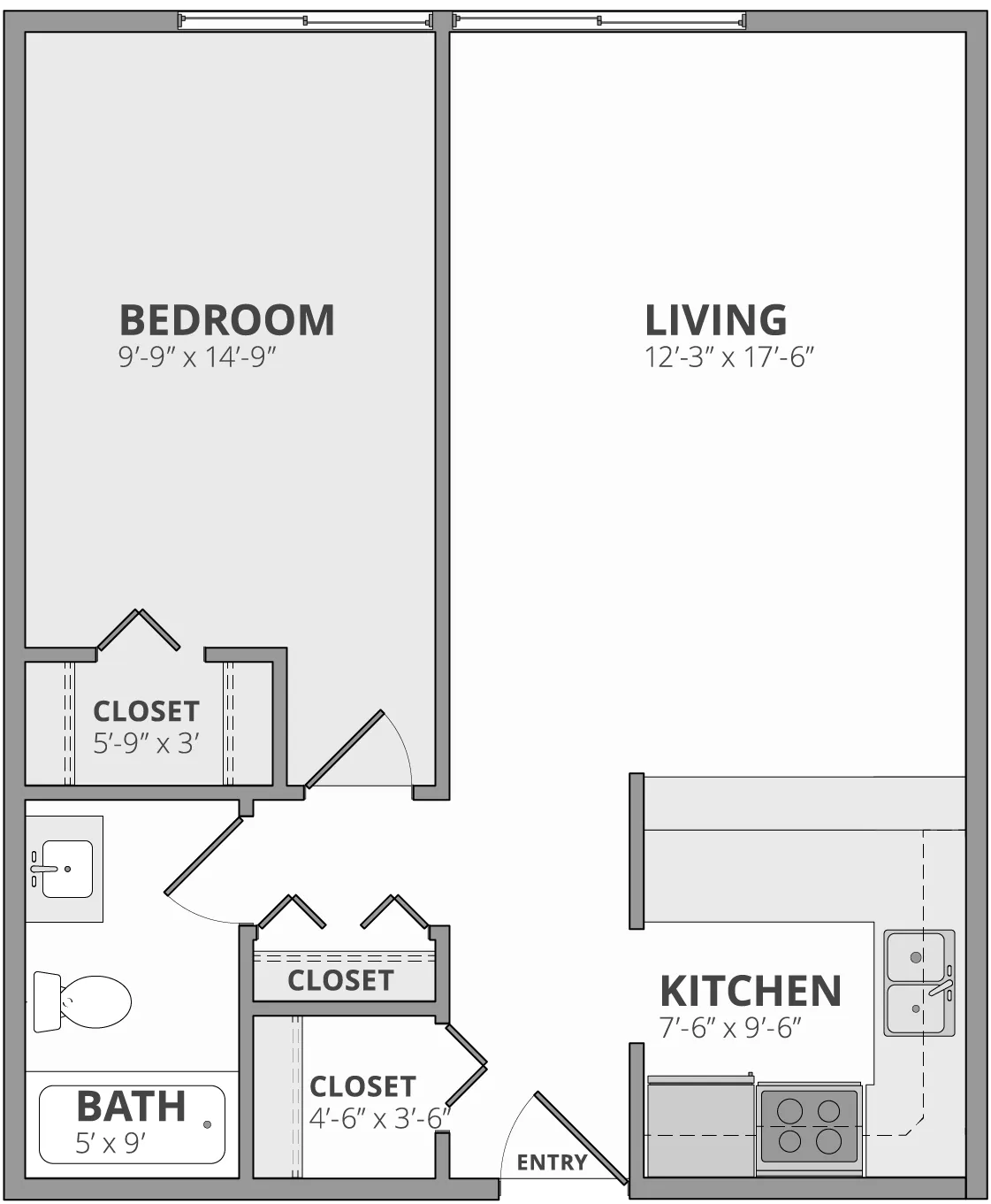 Inviting floor plan showcasing a spacious bedroom, expansive living area, modern kitchen, and a well-appointed bathroom.