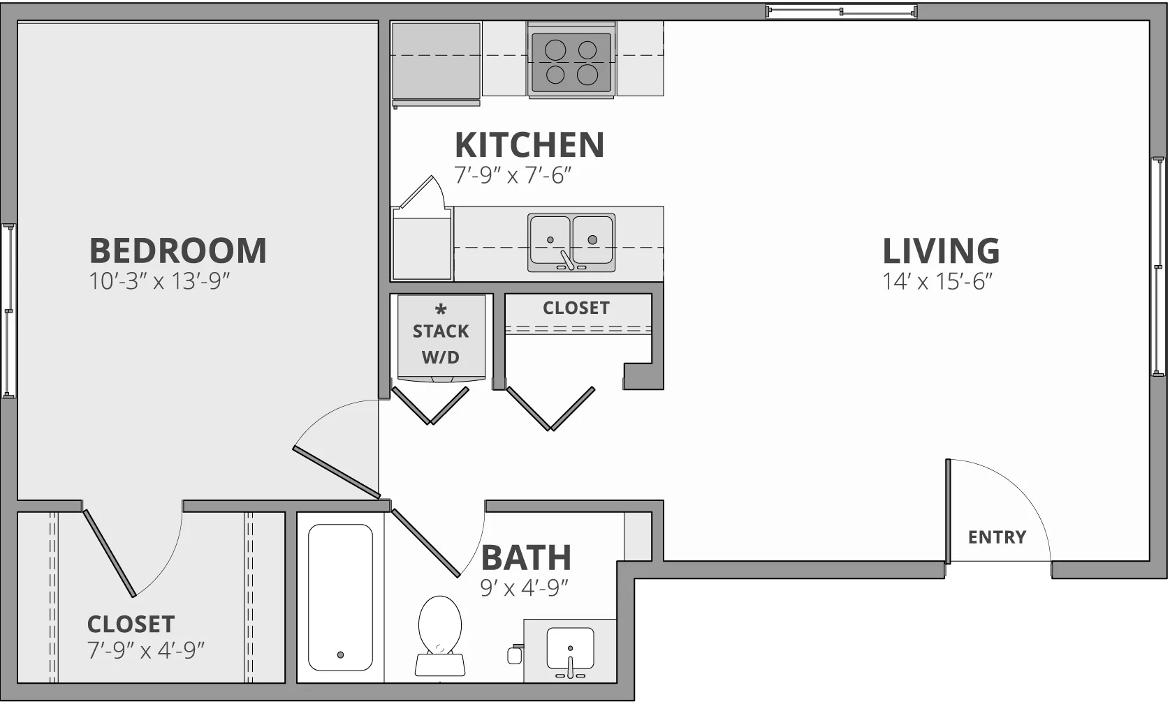 Modern floor plan showcasing one spacious bedroom, an open living area, a sleek kitchen, and a well-appointed bath.