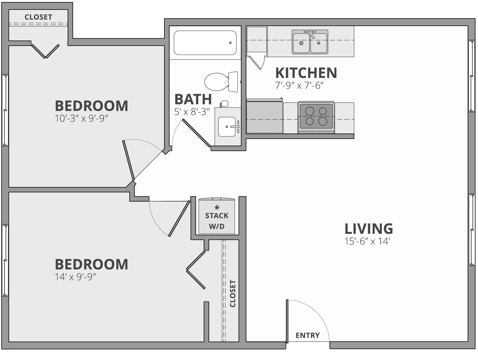 Modern 2D floor plan featuring 2 spacious bedrooms, a stylish kitchen, cozy living area, and well-designed bathroom.