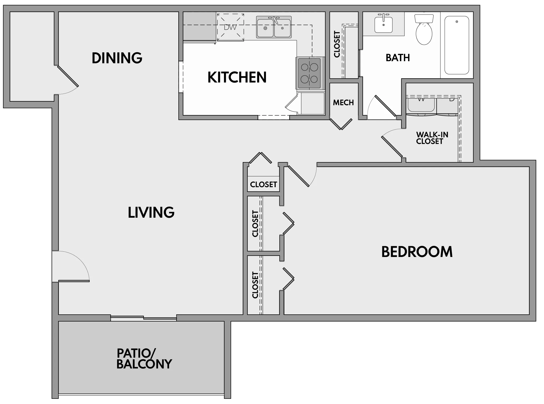 Modern floor plan featuring 1 bedroom with a walk-in closet, spacious living and dining areas, well-equipped kitchen, and a cozy patio/balcony.