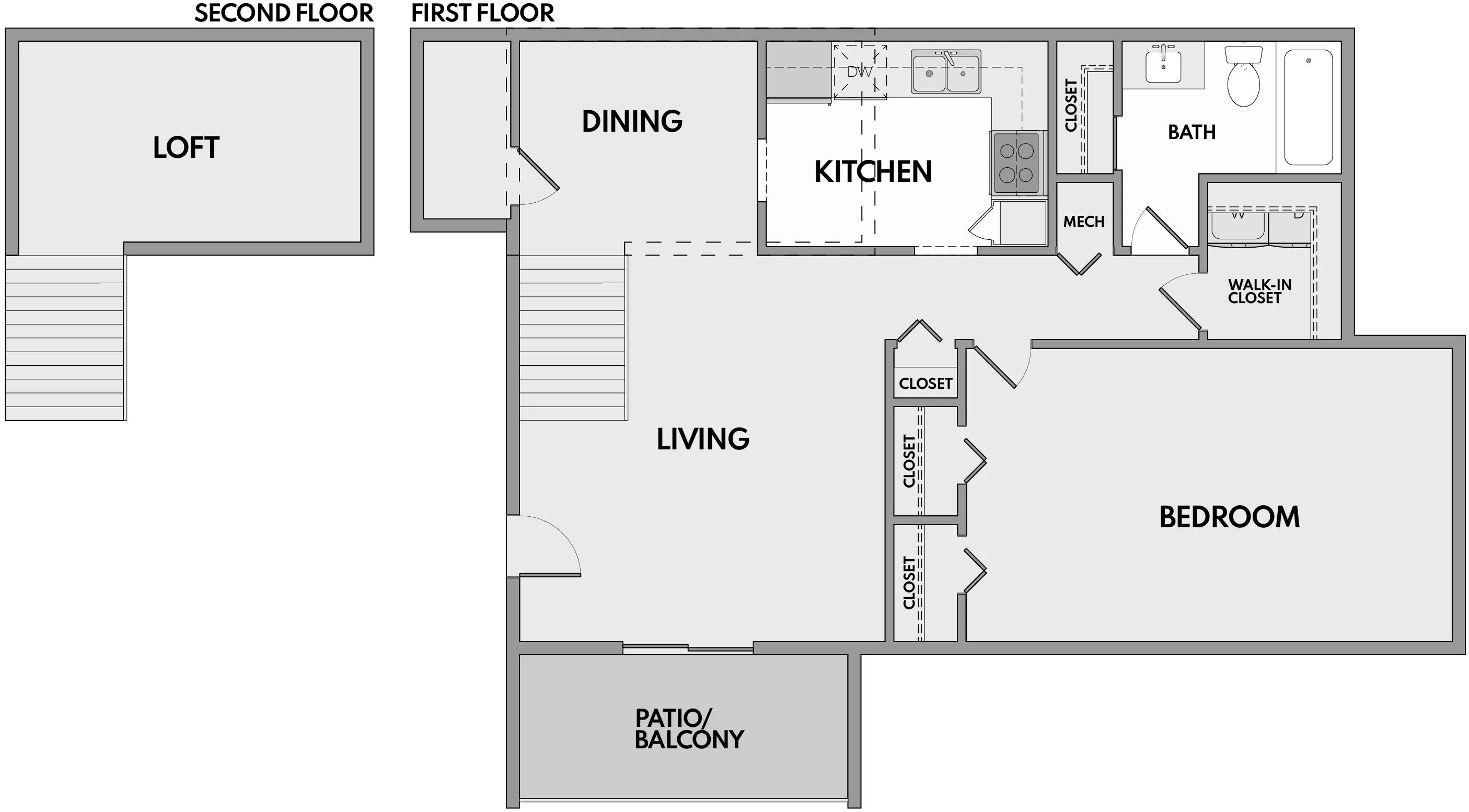 Modern floor plan highlighting a spacious bedroom, open living and dining area, equipped kitchen, bath, and loft with a private patio.