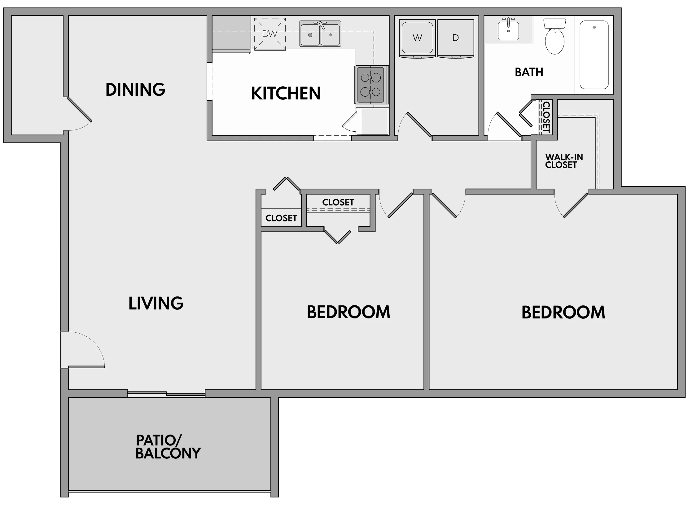 Modern 2-bedroom floor plan with open living and dining area, efficient kitchen, and private patio/balcony.
