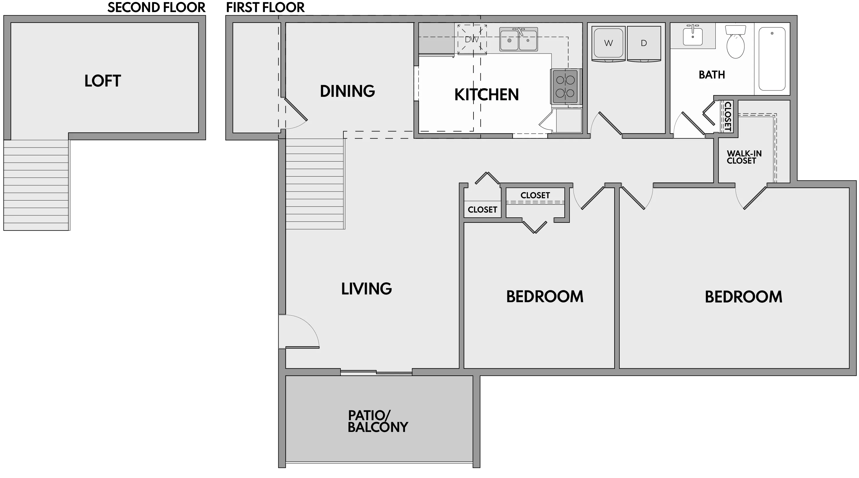 Modern floor plan showcasing a spacious two-bedroom, one-bath apartment with a loft, open living-dining area, sleek kitchen, and private patio or balcony.