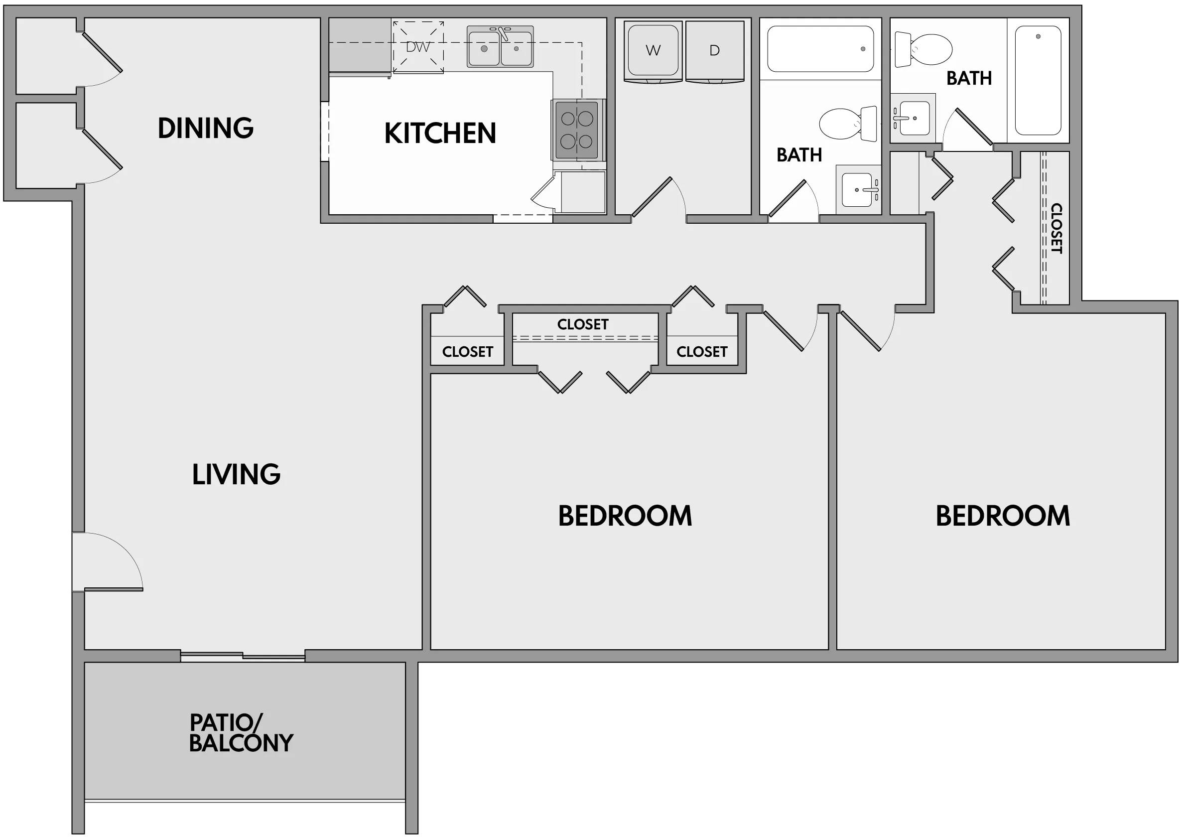 Modern 2D floor plan with two spacious bedrooms, two bathrooms, an open living and dining area, stylish kitchen, and a cozy patio/balcony.