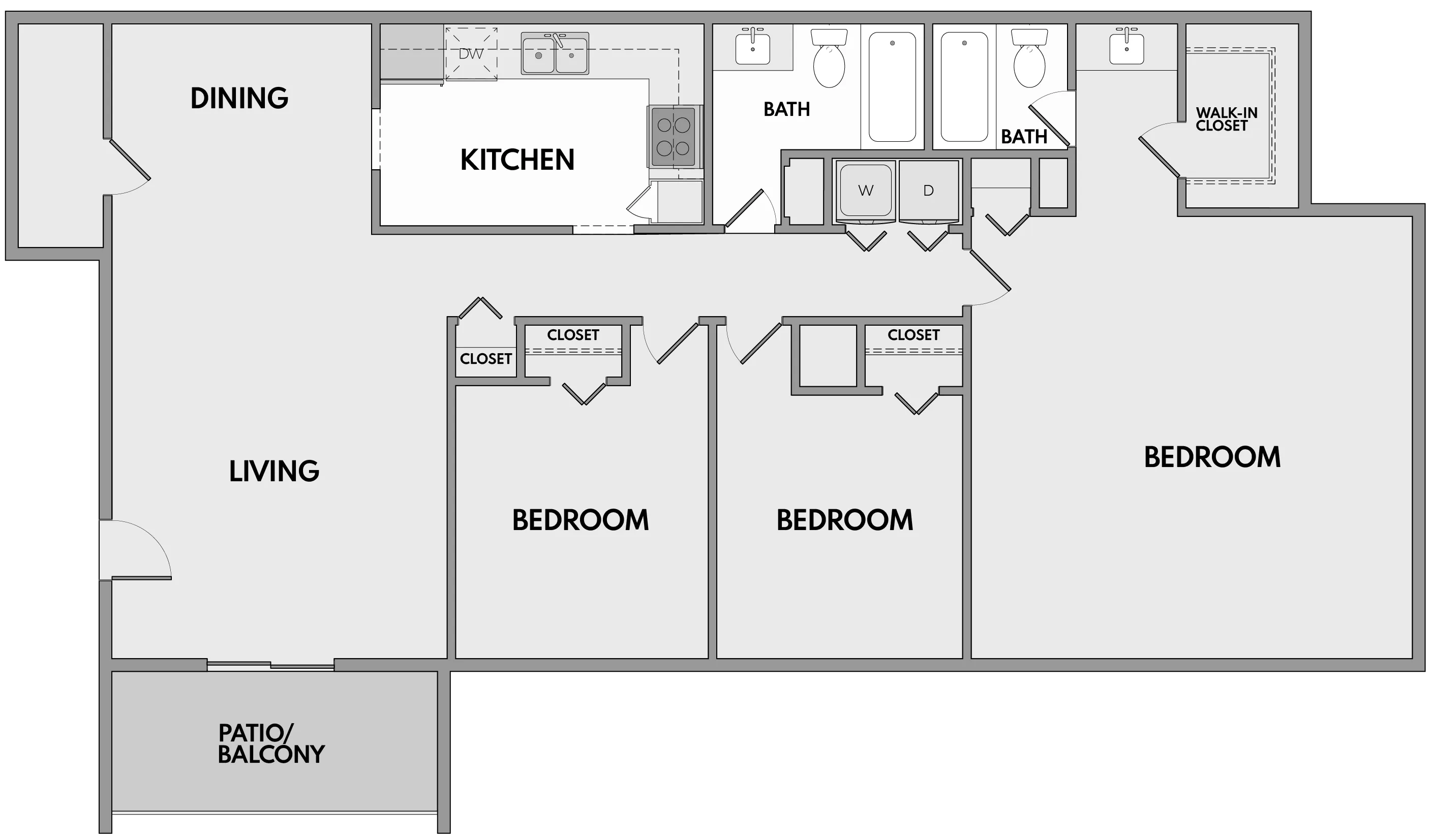 Modern 3-bedroom floor plan featuring a spacious living and dining area, stylish kitchen, two bathrooms, and a patio balcony. Includes ample storage with closets and a walk-in closet.