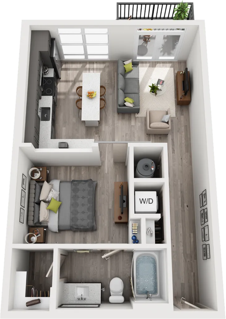 Modern 1-bedroom apartment floor plan with spacious living area, stylish kitchen island, cozy bedroom, and private balcony.