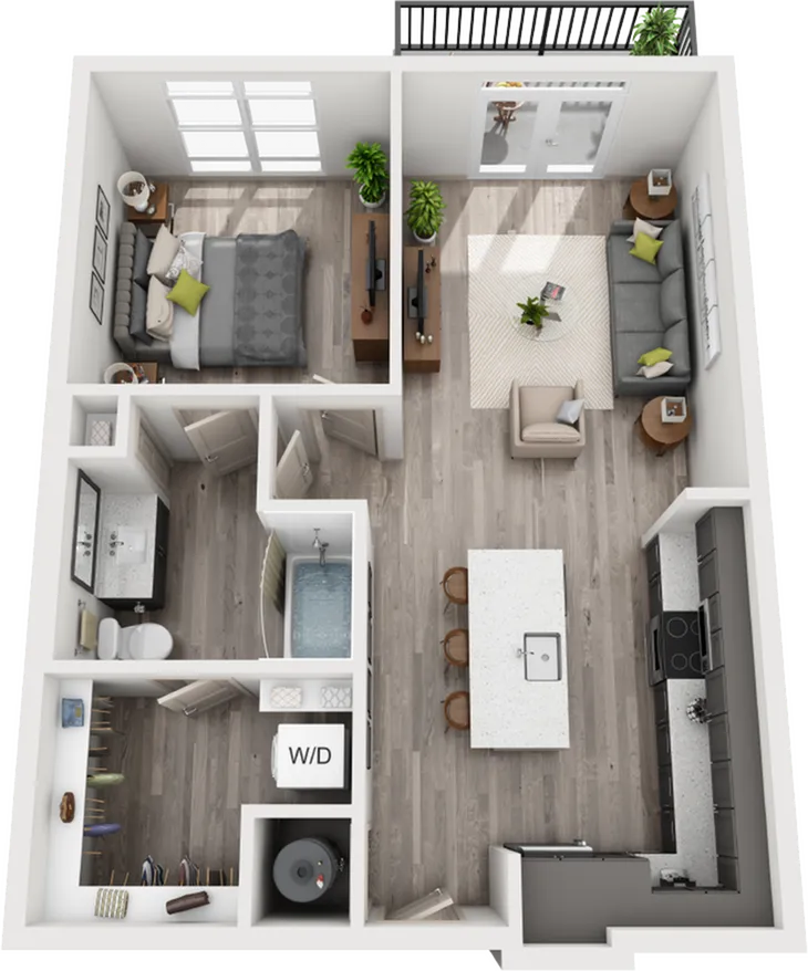 Chic 3D floor plan featuring a spacious 1-bedroom apartment with an open-concept kitchen, cozy living room, and modern bathroom. Includes a private balcony and in-unit laundry for ultimate convenience.