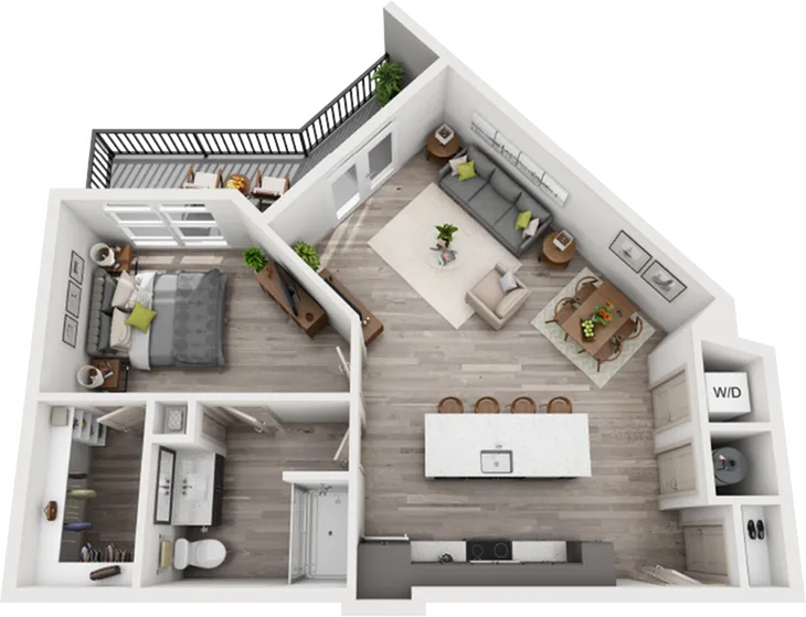 Modern 1-bedroom apartment floor plan with open-concept kitchen, cozy living area, sleek bathroom, and private balcony.