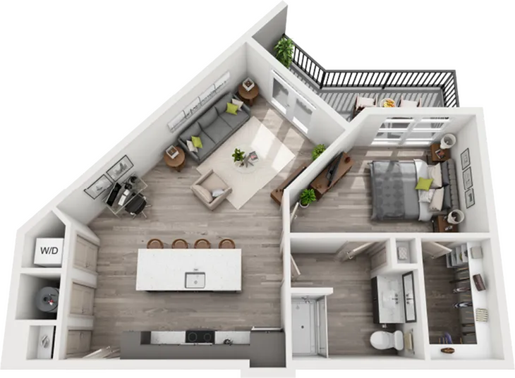 Chic apartment floor plan featuring a spacious bedroom, modern open-concept living area with kitchen island, cozy balcony, and stylish bathroom layout.