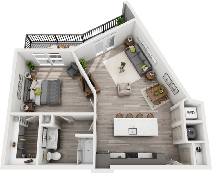 Chic 3D floor plan showcasing 1 bedroom with balcony, stylish open-concept living space, modern kitchen with island, and cozy living room, perfect for urban living.