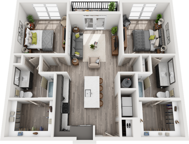Contemporary 3D floor plan showcasing 2 bedrooms with large windows, modern kitchen with island, and cozy living room. Inviting design with stylish furnishings and ample natural light.