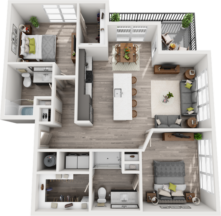 Modern 3D floor plan featuring two spacious bedrooms, elegant open-concept kitchen and living area, and a stylish patio space.