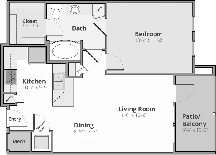 Inviting floor plan with a spacious bedroom, modern kitchen, open living area, cozy dining space, and a delightful patio/balcony.