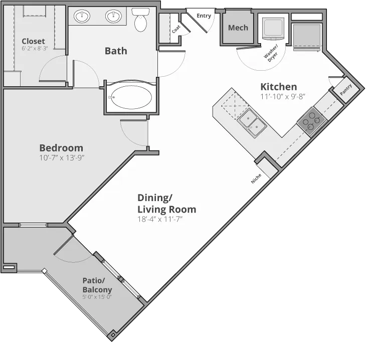 Modern floor plan featuring a spacious bedroom, stylish kitchen, and an open dining/living room with access to a private patio.