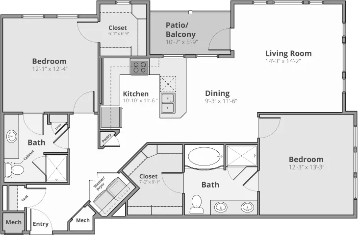Modern apartment floor plan featuring 2 spacious bedrooms, open-concept living and dining area, efficient kitchen, two bathrooms, and a cozy patio/balcony.