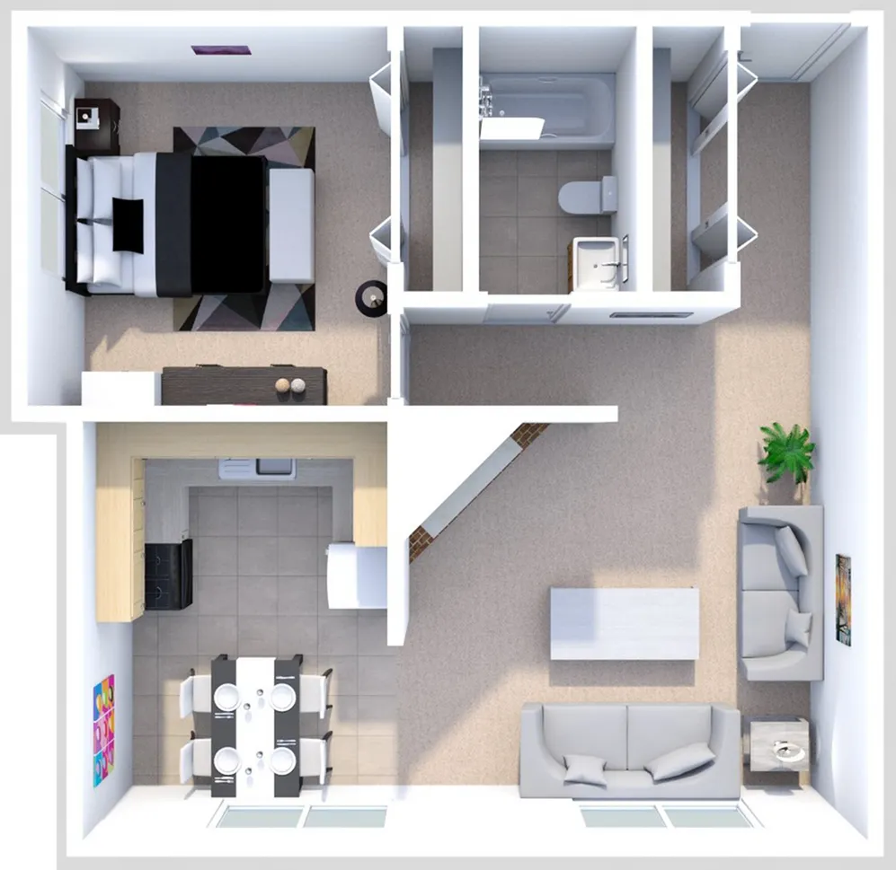 Modern 2D floor plan showcasing a stylish 1-bedroom layout with an open-concept kitchen and dining area. Features a cozy living room, spacious bathroom, and elegant bedroom design.