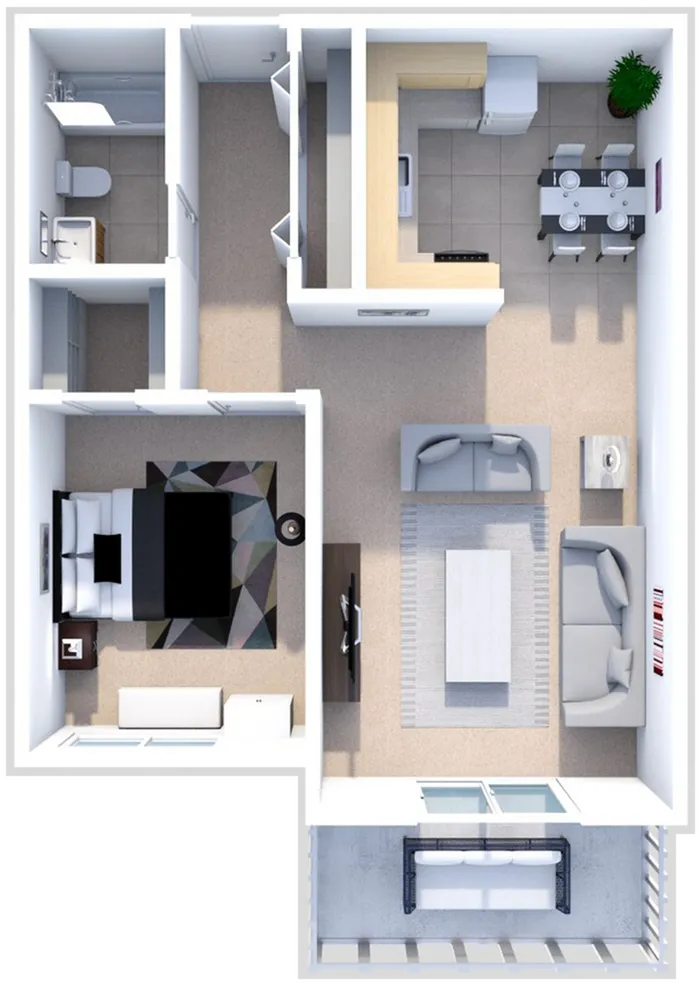 Chic 3D floor plan showcasing a modern 1-bedroom apartment with open-concept living and dining area, sleek kitchen, and a cozy balcony.