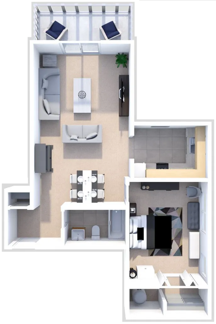 Modern 3D floor plan featuring a spacious living room, cozy bedroom, stylish kitchen, and a sleek balcony with seating.