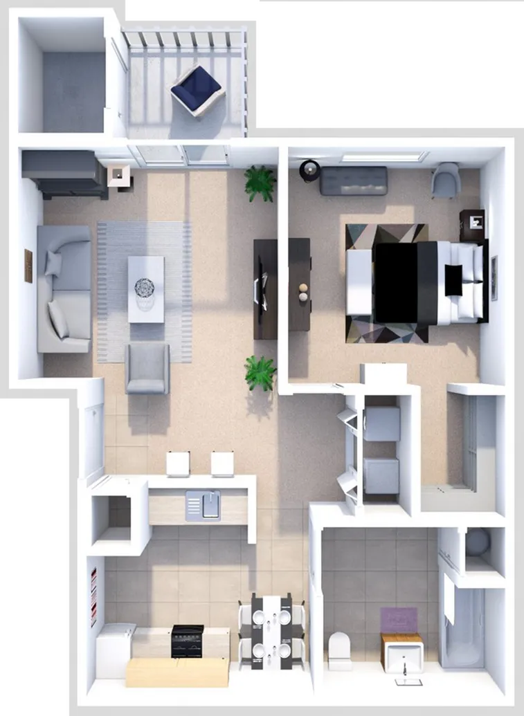 Contemporary 3D floor plan showcasing a cozy living room, elegant bedroom, modern kitchen, and inviting balcony space.