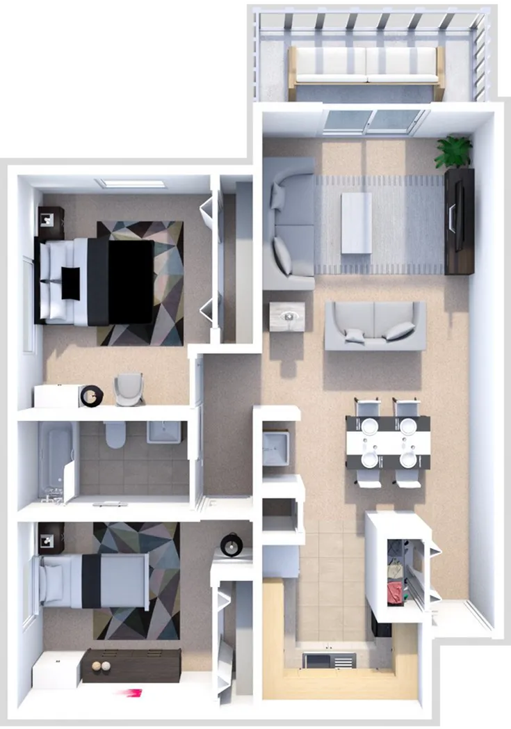 Contemporary floor plan showcasing 2 bedrooms, open living area, and a sleek kitchen with adjacent dining space.