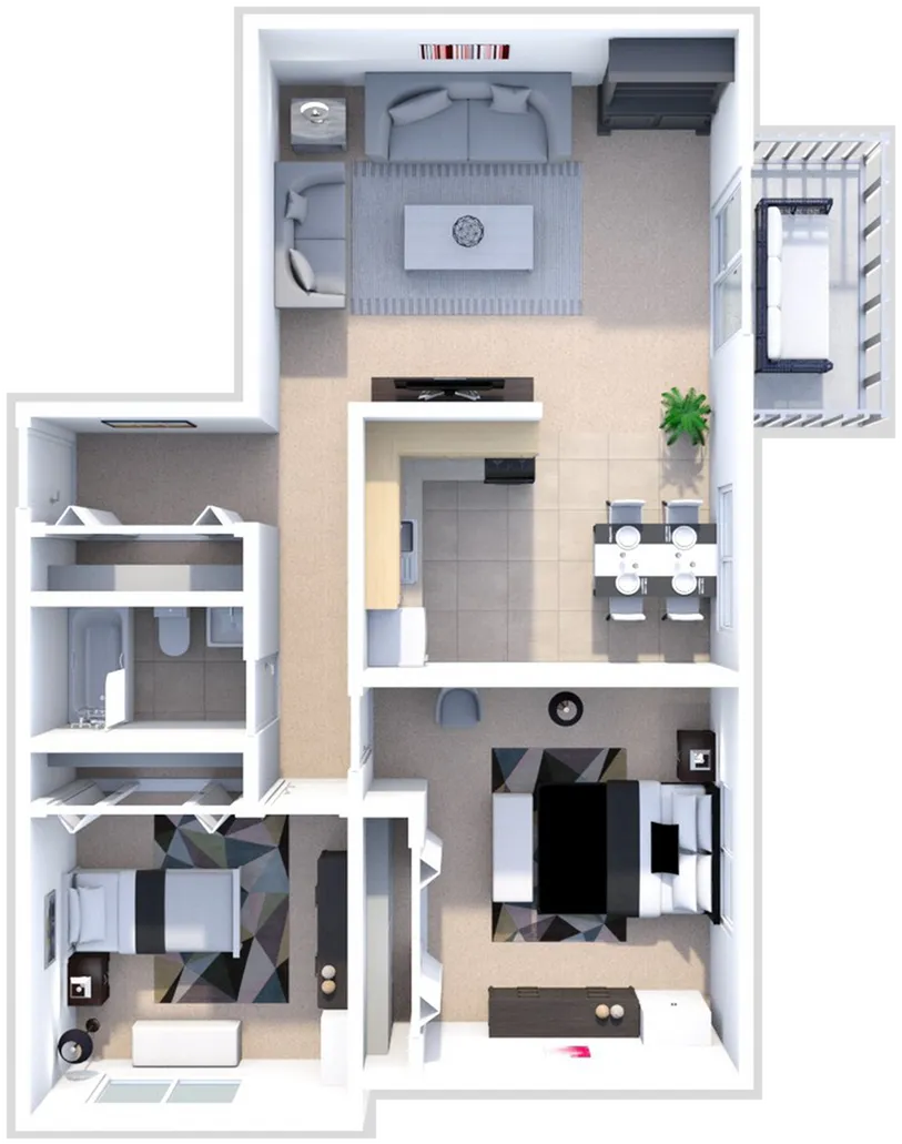 Modern 2D floor plan showcasing a spacious layout with 2 bedrooms, cozy living room, stylish kitchen, and private balcony.