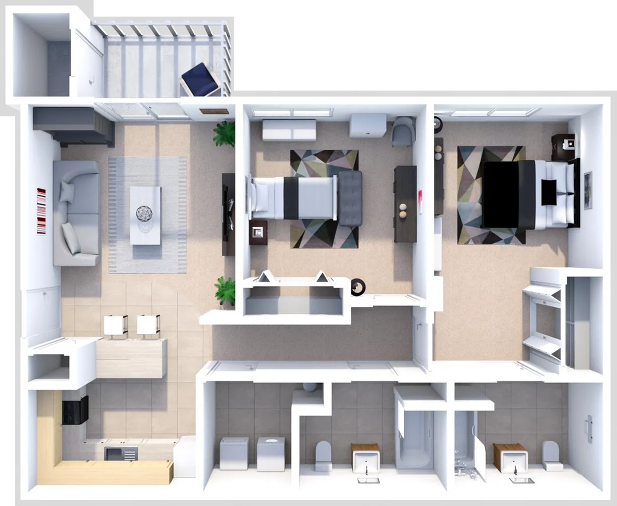 Modern 2D floor plan featuring an elegant 2-bedroom layout, open-concept living area, sleek kitchen, and two stylish bathrooms.