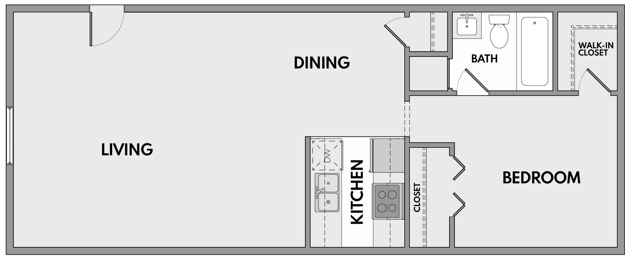 Modern 1-bedroom floor plan with a spacious living and dining area, integrated kitchen, and luxurious bath with walk-in closet.