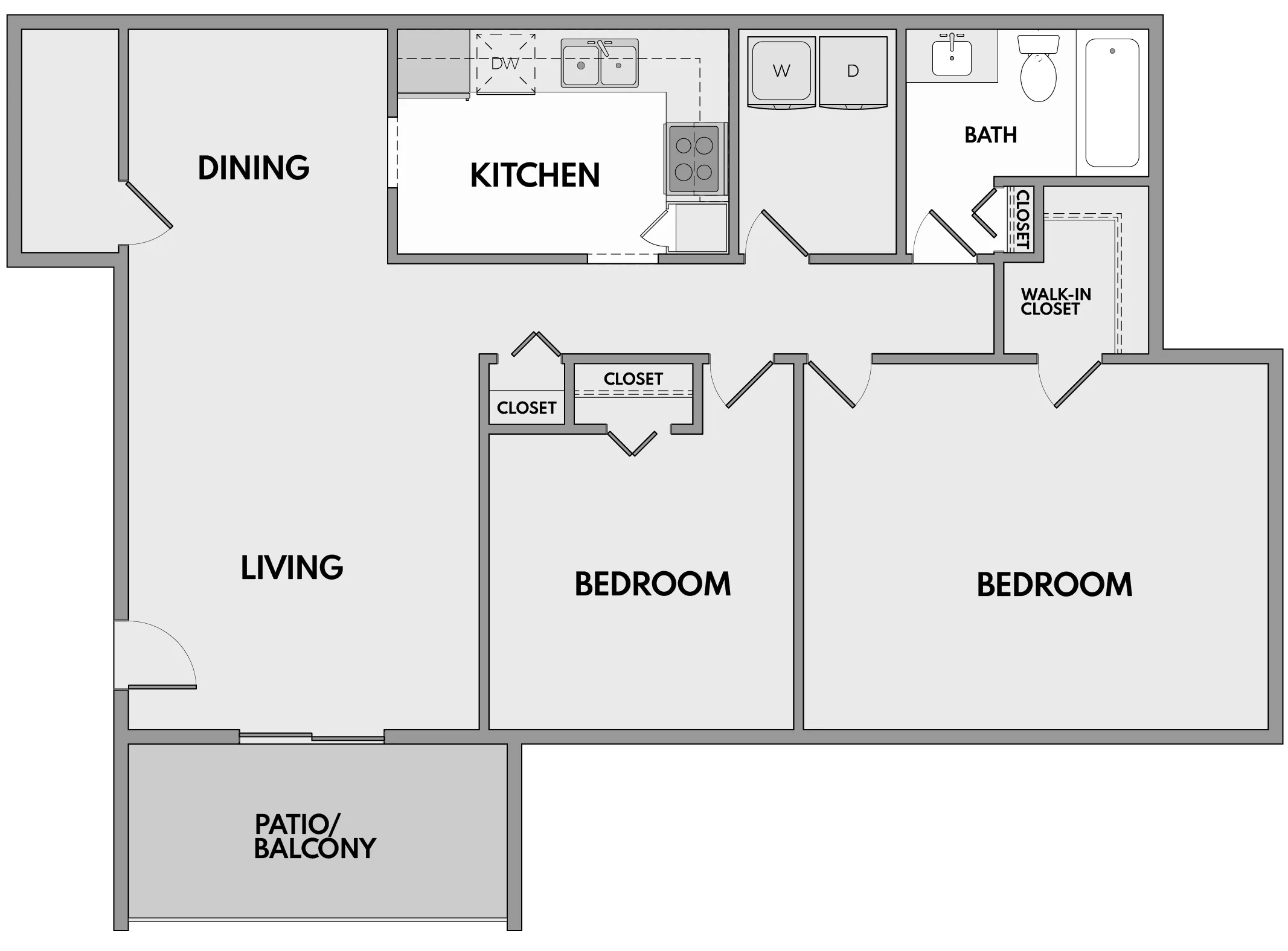 Inviting floor plan showcasing 2 bedrooms, open-concept living and dining areas, efficient kitchen, and a relaxing patio/balcony.