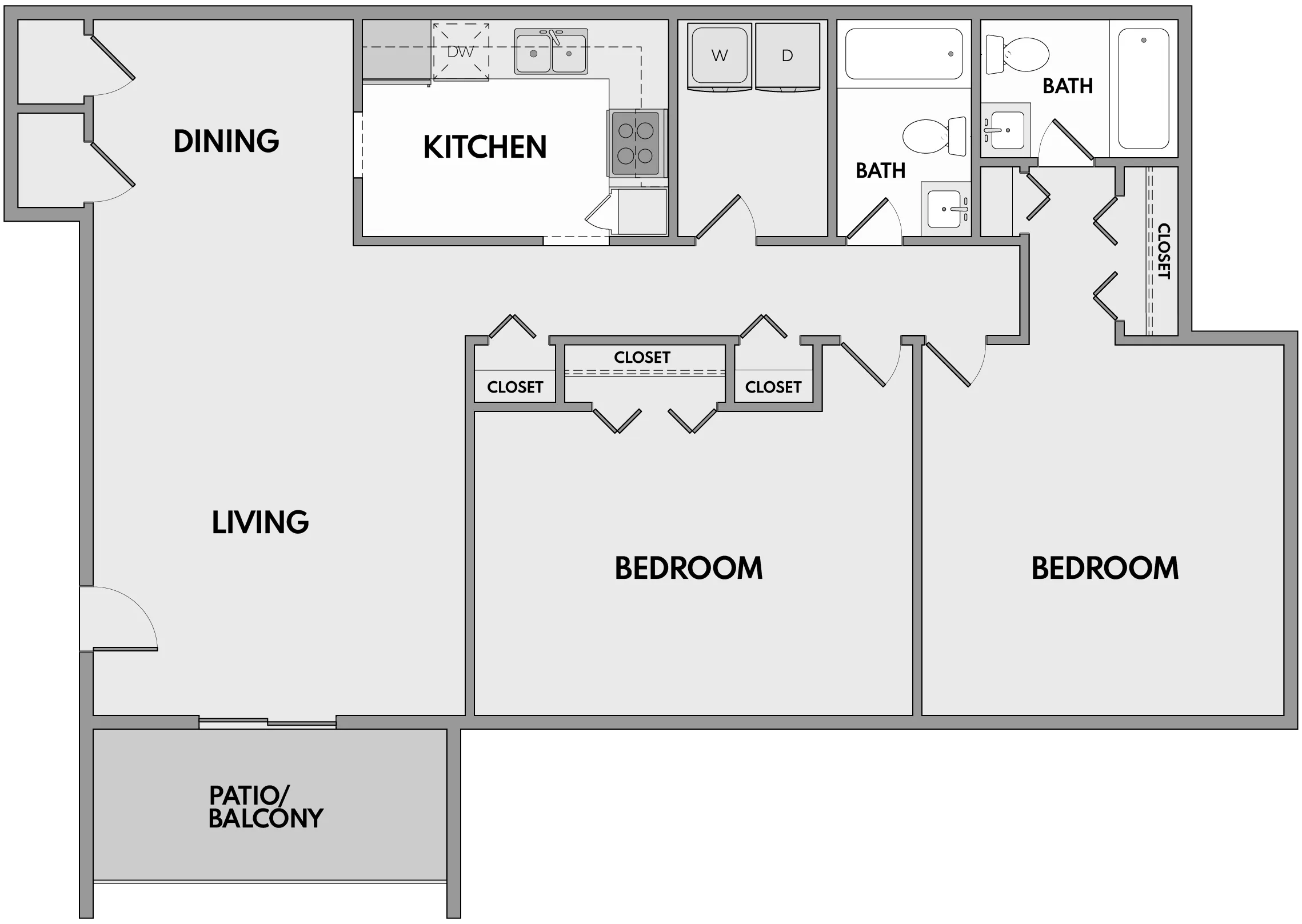 Modern apartment floor plan showcasing 2 bedrooms, spacious living and dining area, and a patio/balcony for relaxation.