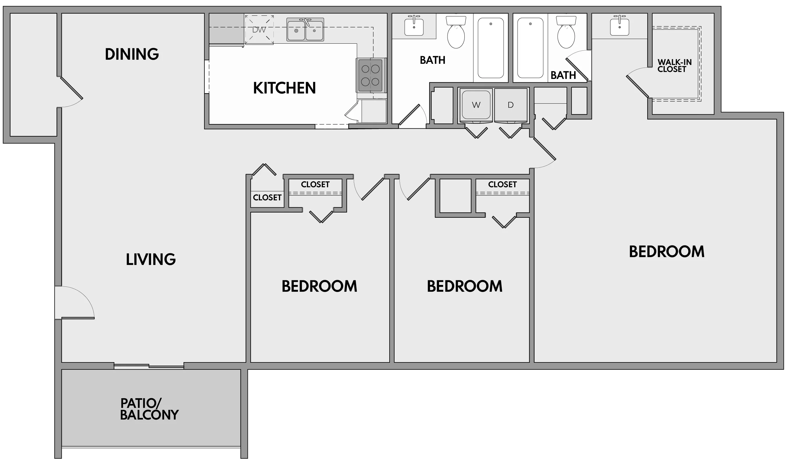 Contemporary 2D floor plan featuring 3 bedrooms, 2 baths, open kitchen, and spacious living area with patio access.