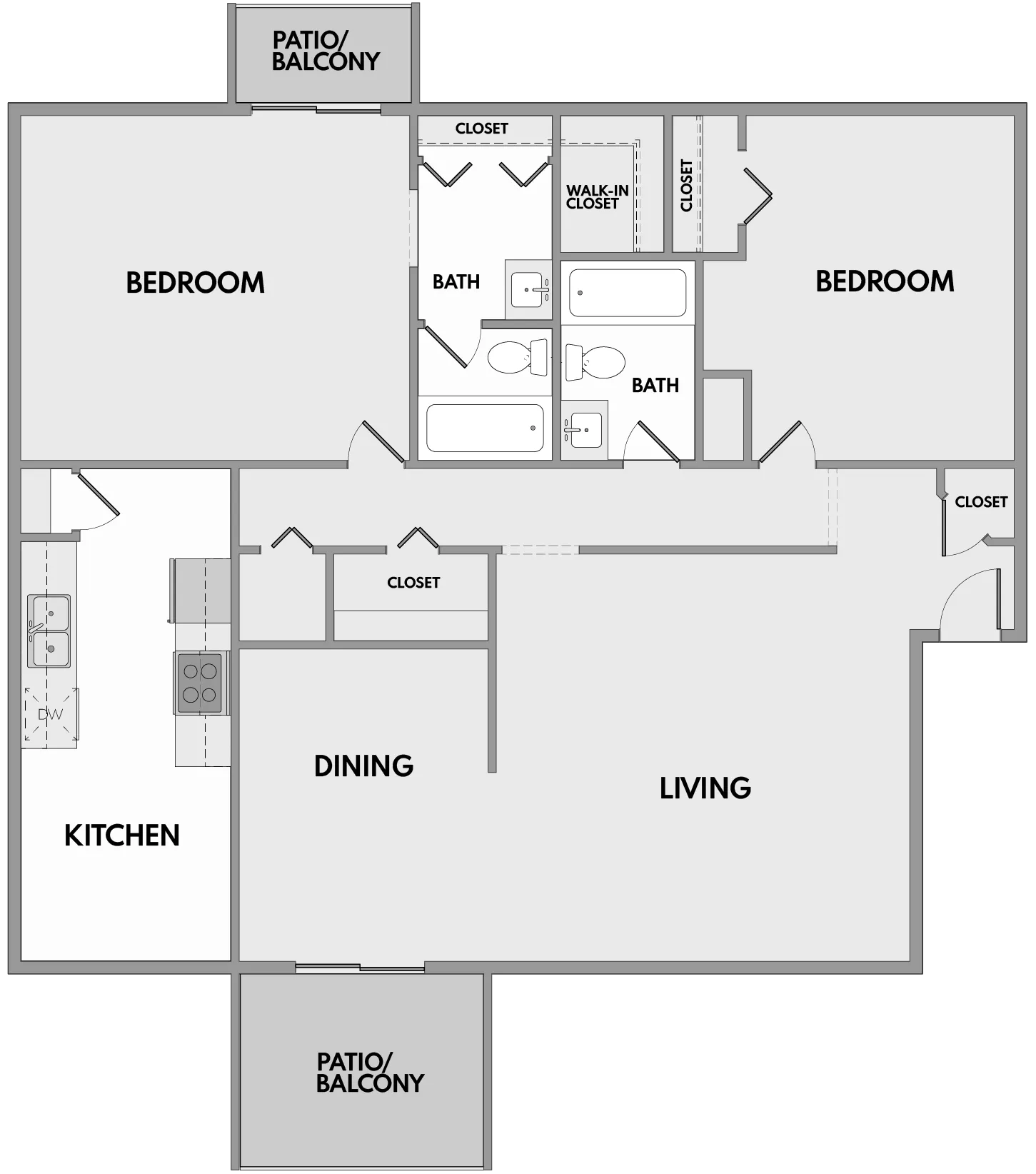 Modern apartment floor plan featuring 2 spacious bedrooms, open kitchen, dining and living areas, plus dual patios.