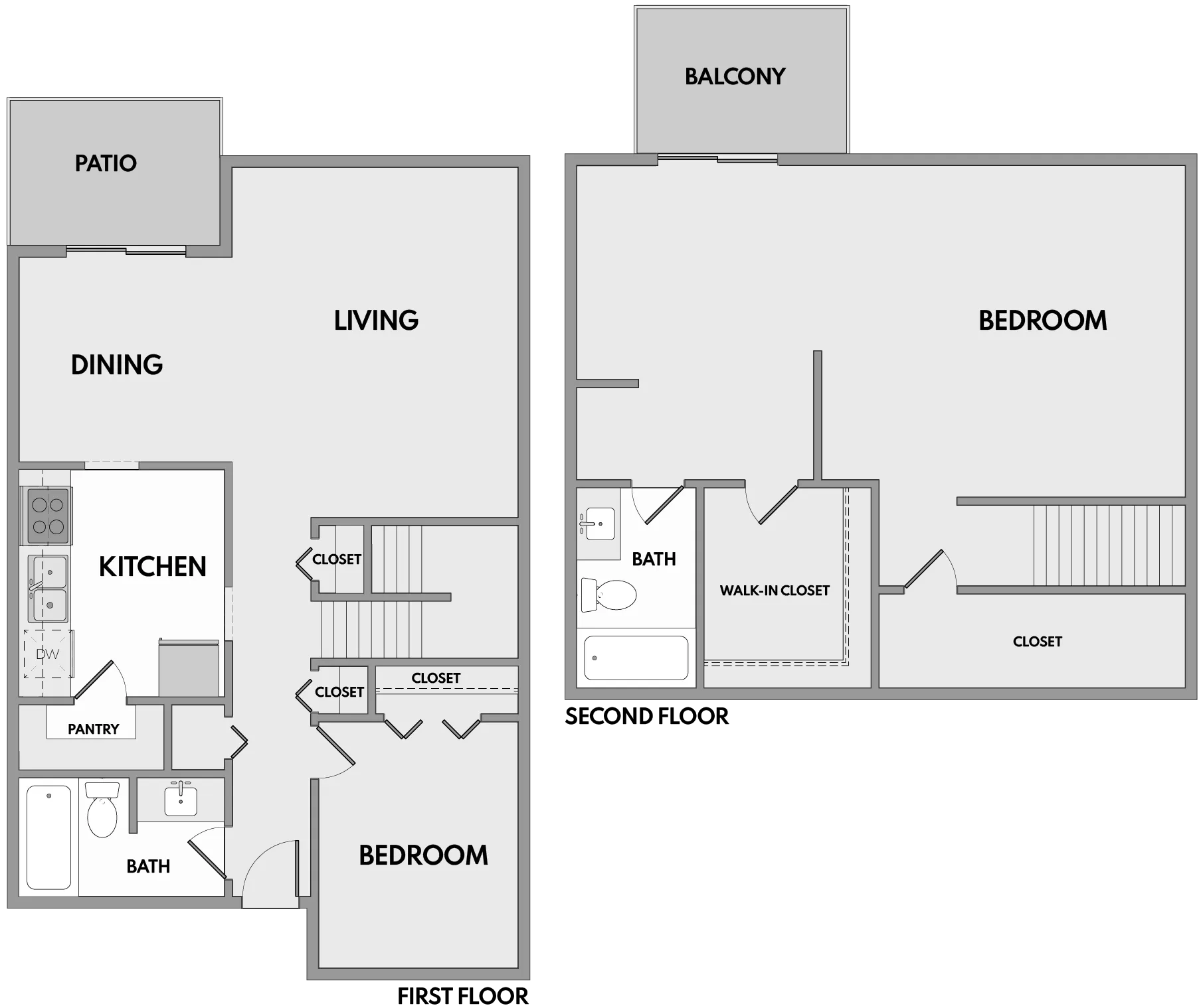 Modern two-story townhome floor plan featuring a spacious living area, dining space, and kitchen on the first floor, along with a bedroom and patio. The second floor boasts a large bedroom with a walk-in closet, a balcony, and an additional bath.