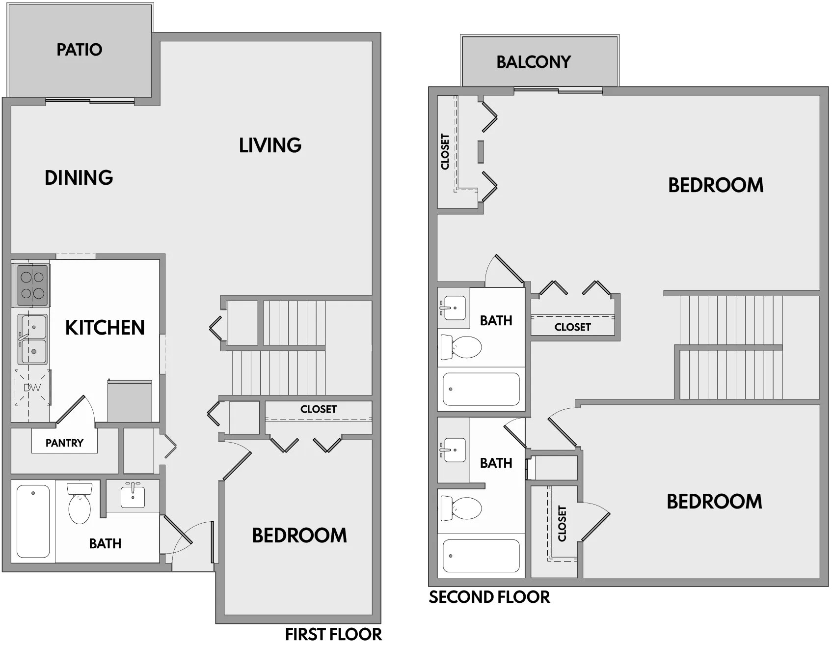 Modern two-story floor plan featuring an open-concept living and dining area, stylish kitchen, and spacious patio on the first floor. Second floor includes two large bedrooms, each with a private balcony, and multiple bathrooms for comfort and convenience.