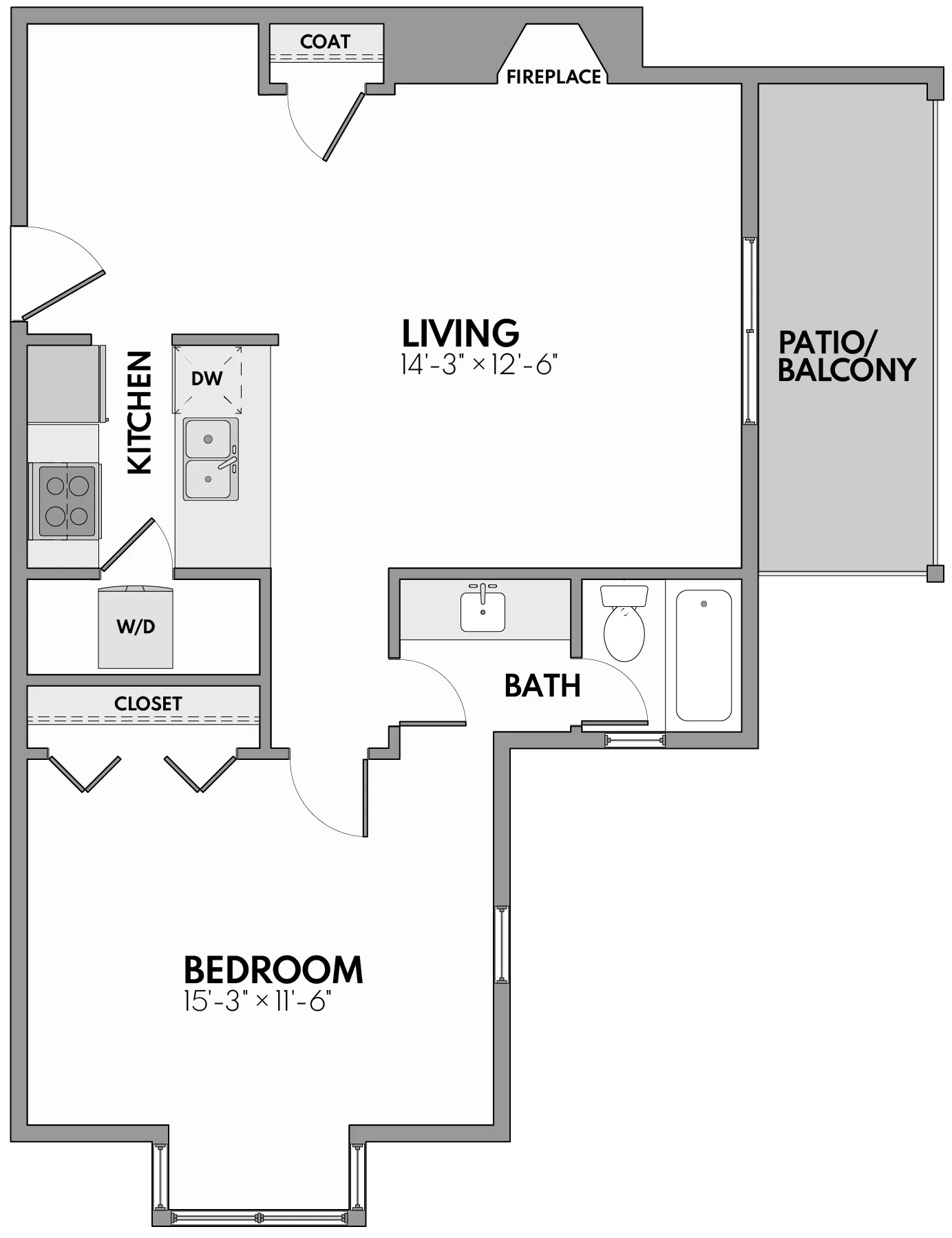 Modern floor plan with 1 spacious bedroom, open living area, stylish kitchen, cozy fireplace, and a balcony for outdoor relaxation.