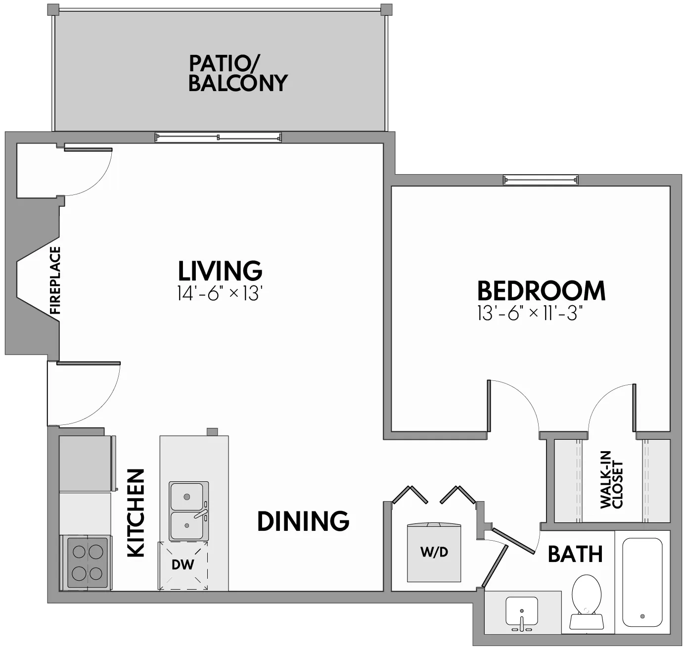 Modern 1-bedroom floor plan featuring a spacious living room with fireplace, open kitchen, dining area, and private balcony.
