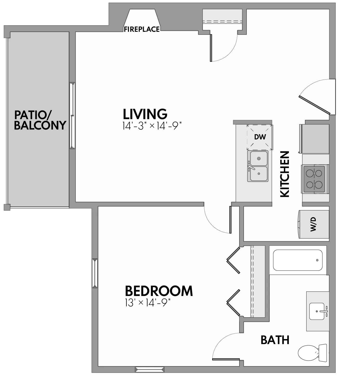 Charming one-bedroom apartment floor plan with a cozy living room, modern kitchen, and private patio.