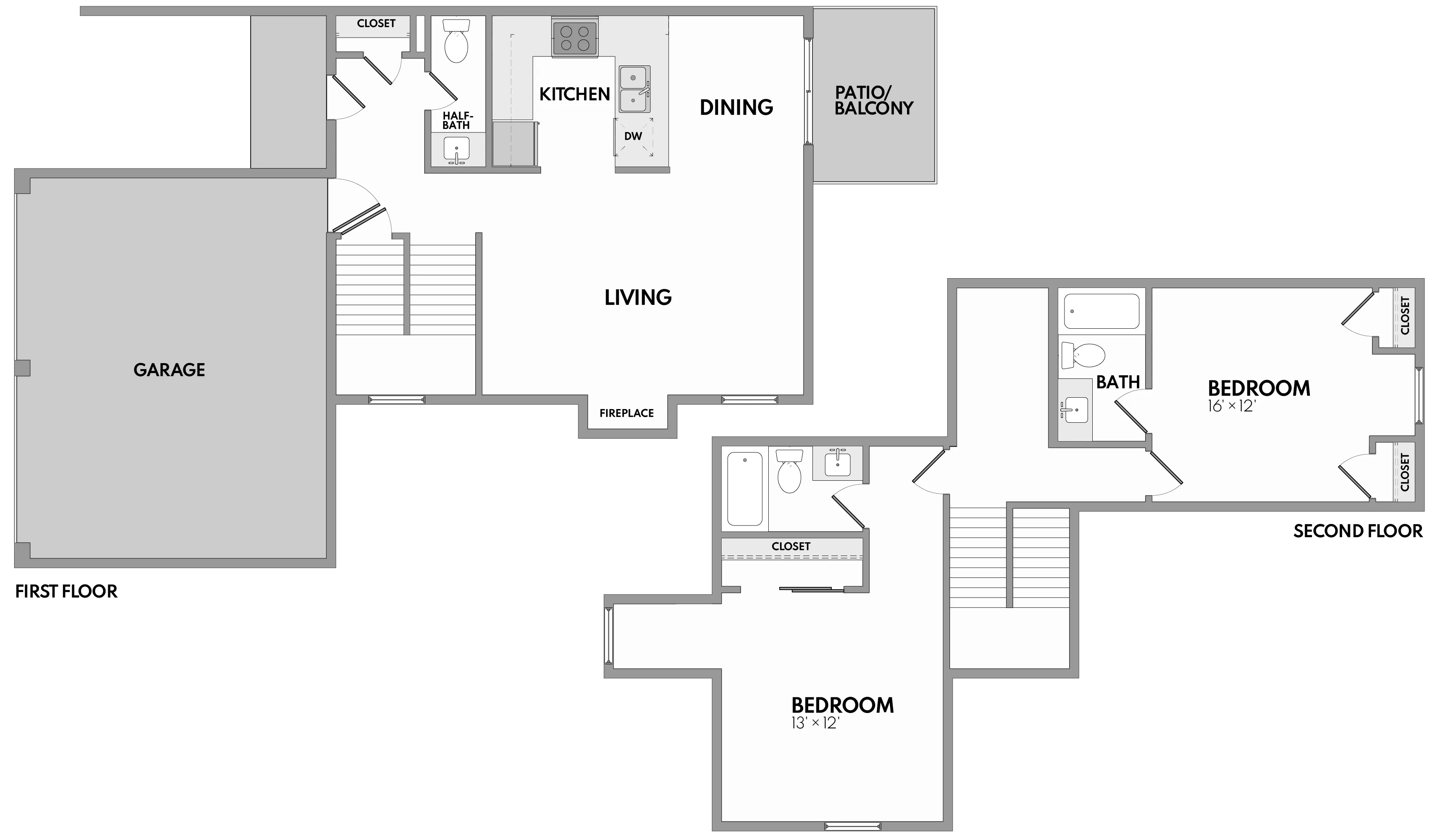 Modern dual-level floor plan featuring two spacious bedrooms, an open kitchen and dining area, cozy living room with fireplace, and a private patio. Includes a convenient garage and ample storage.