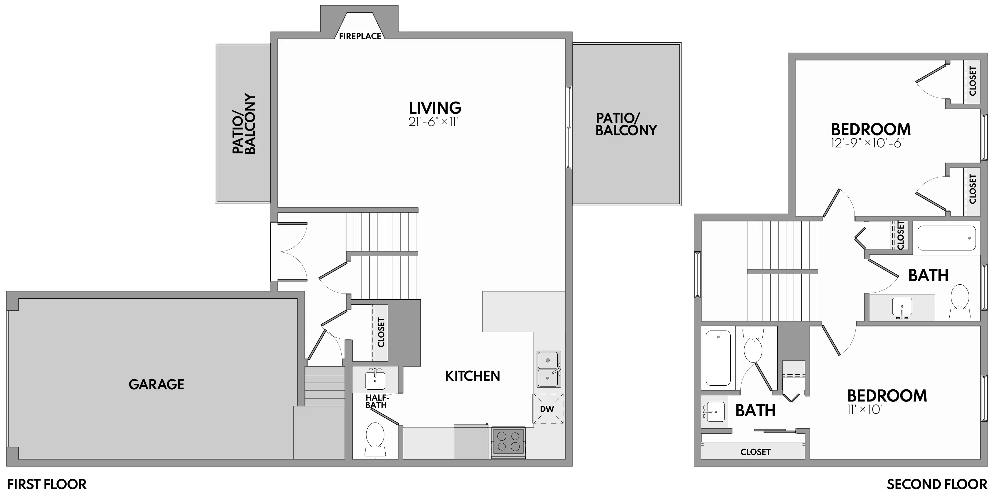Modern two-level floor plan showcasing a spacious living area with fireplace, two bedrooms, two and a half baths, and a convenient garage with double patio access.