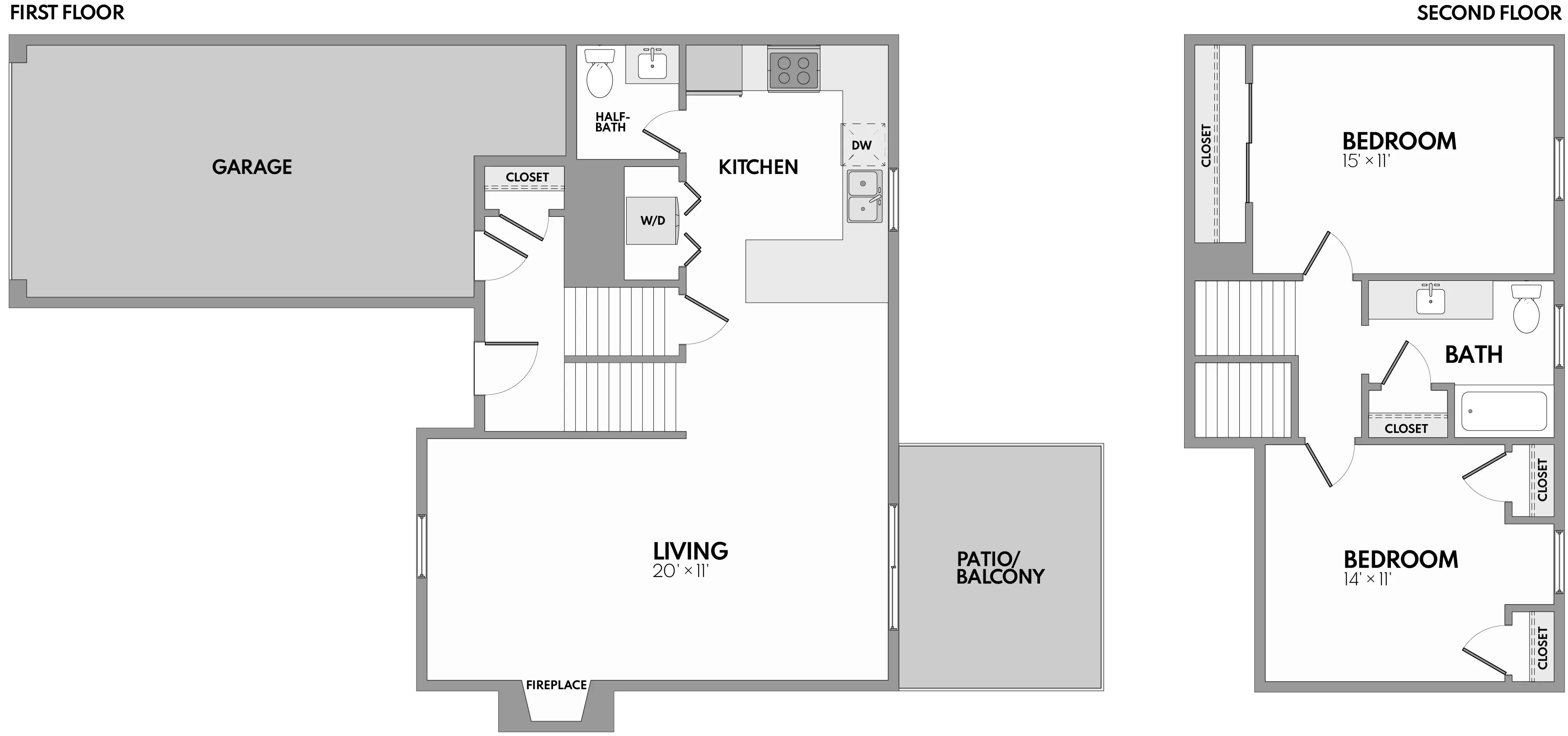 Modern floor plan featuring two bedrooms, spacious living area with fireplace, functional kitchen, garage, and inviting patio/balcony.