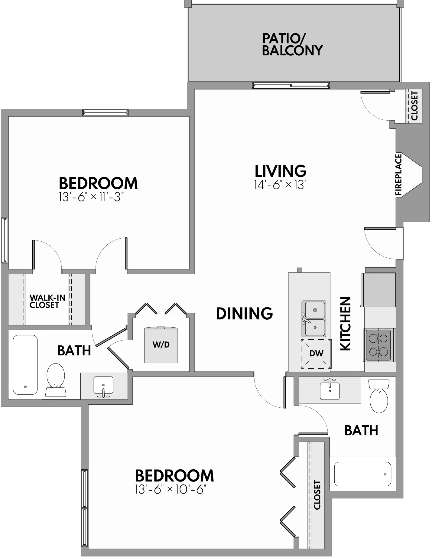 Modern floor plan featuring 2 spacious bedrooms, an elegant living area with fireplace, dining space, well-equipped kitchen, washer/dryer area, and patio/balcony for outdoor enjoyment.
