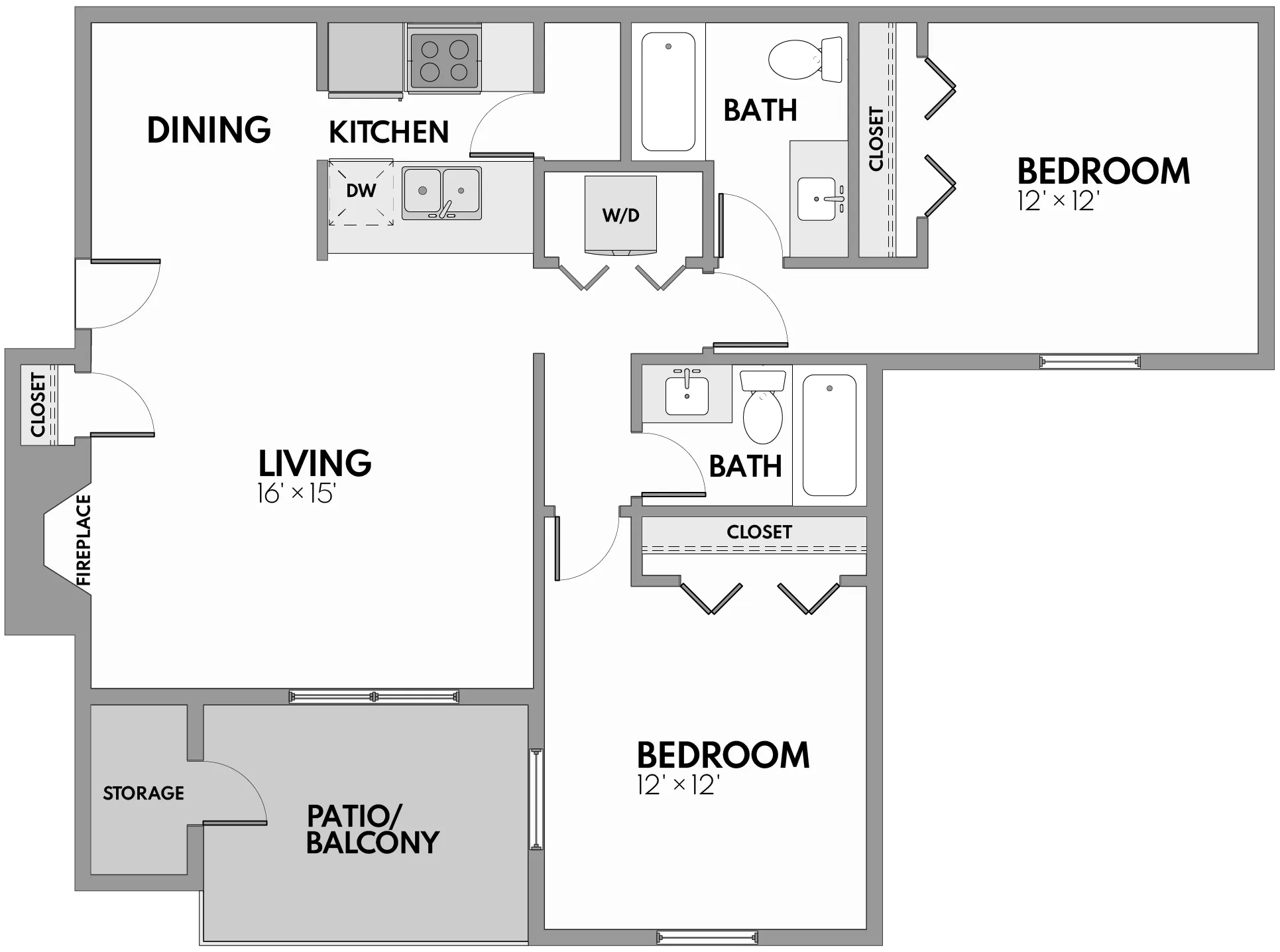 Modern floor plan featuring two bedrooms with closets, two bathrooms, a spacious living area with fireplace, and a well-equipped kitchen. Includes patio/balcony and additional storage space.