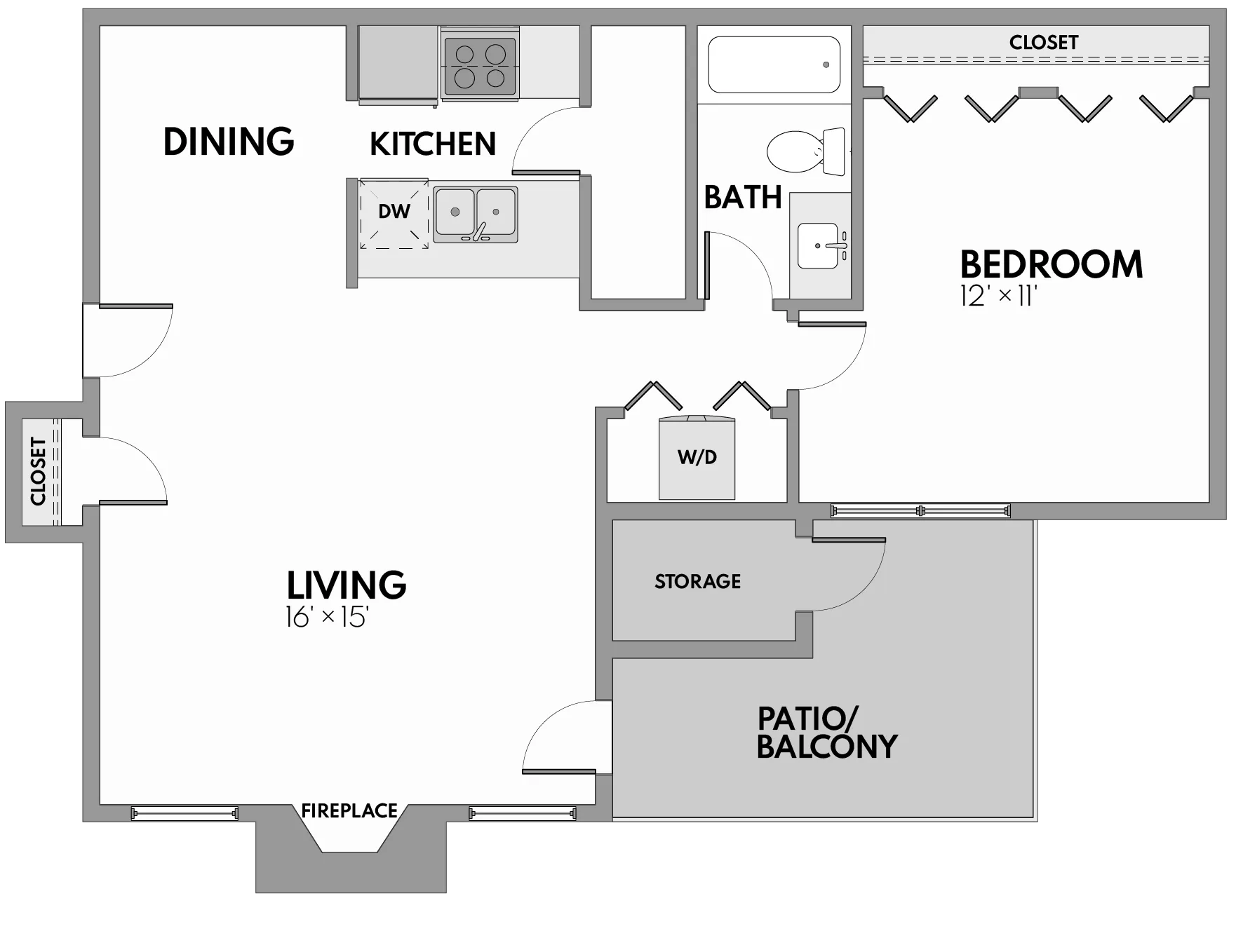 Modern apartment floor plan featuring 1 bedroom, spacious living area with fireplace, kitchen, dining space, bathroom, and a cozy patio/balcony.