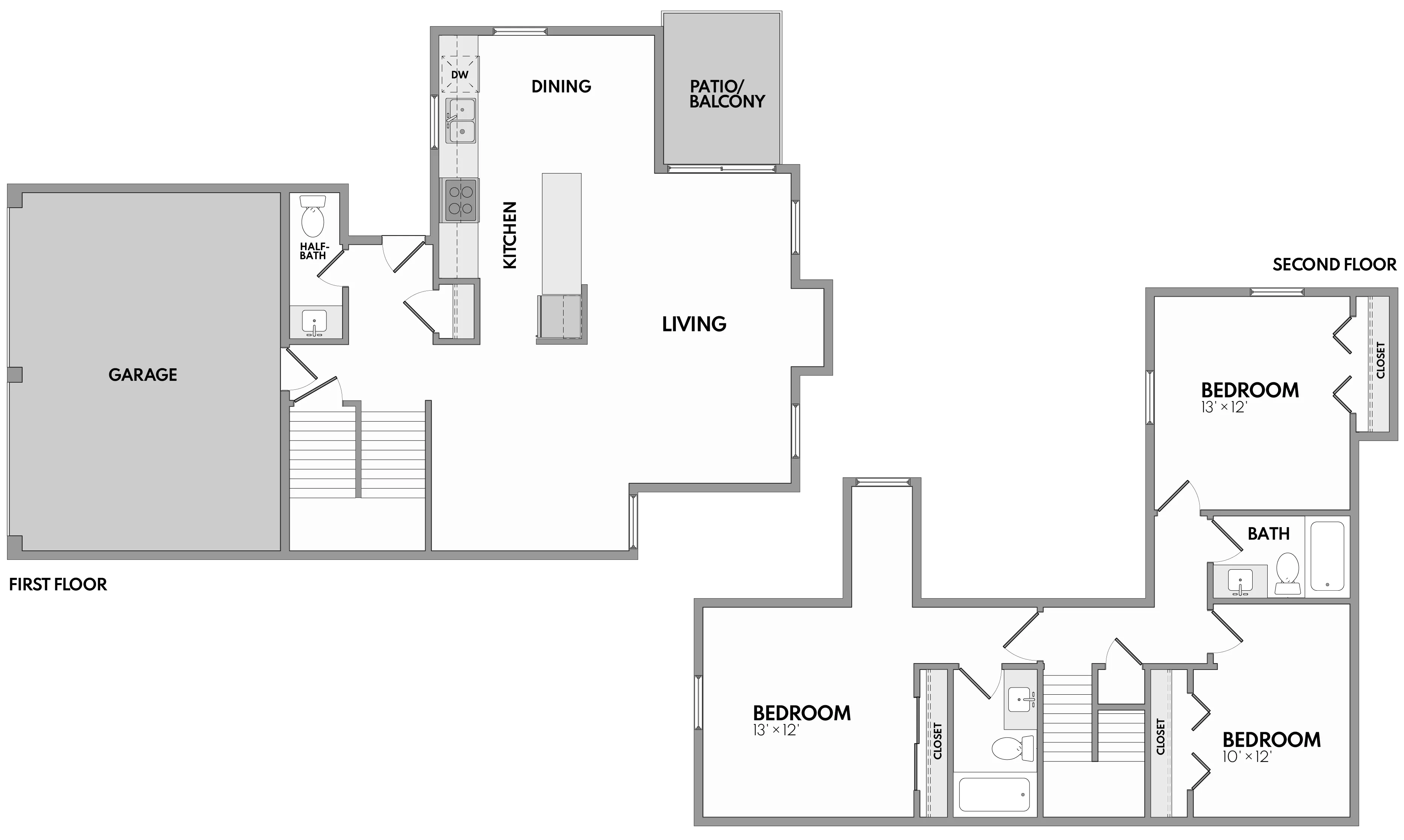 Elegant 2-story floor plan with 3 bedrooms, open living area with patio, spacious kitchen, and attached garage.