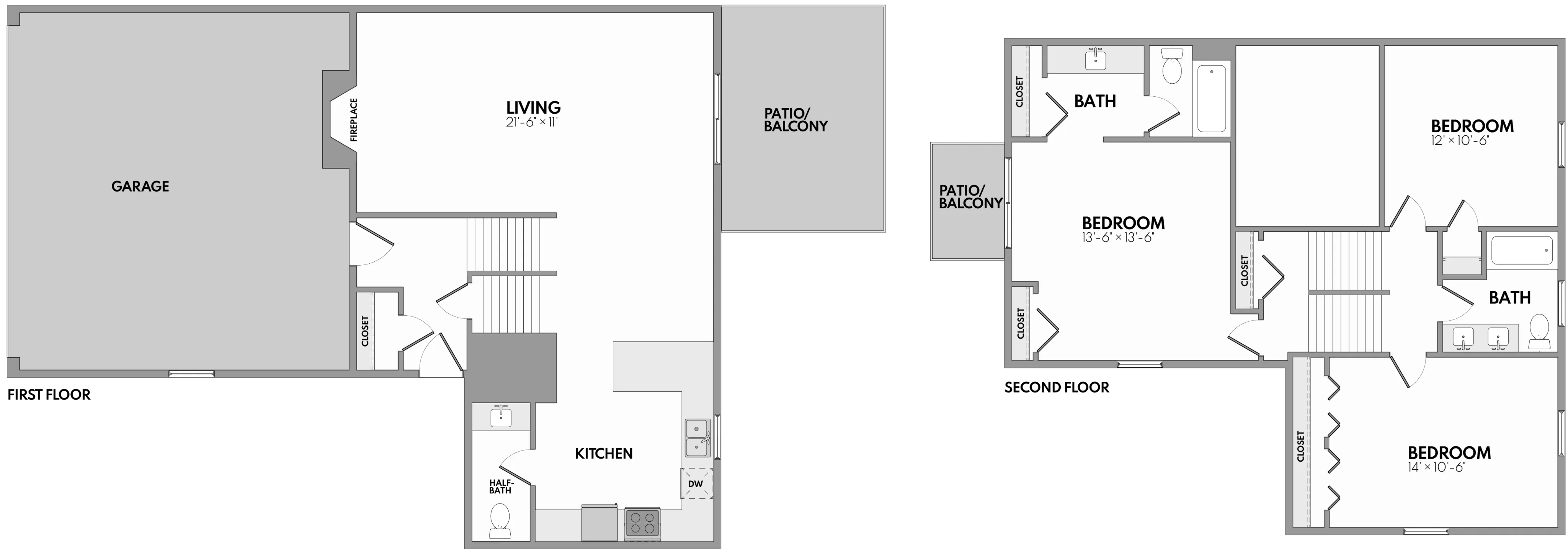 Modern floor plan showcasing a spacious garage, open-concept living area, large kitchen, and two bedrooms with connected baths. Features include two patios for outdoor enjoyment.